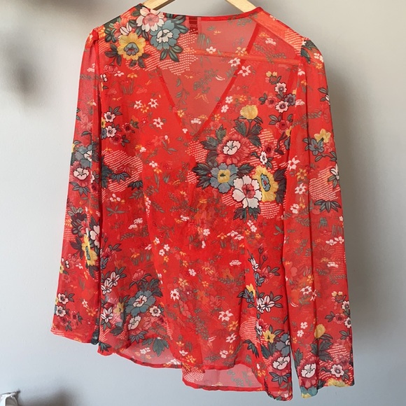 ASOS red floral sheer long sleeve blouse - Picture 4 of 4